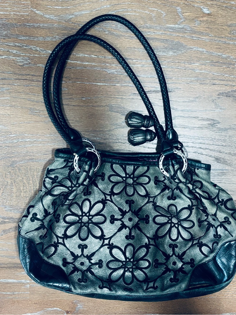 Brighton Black Floral Appliqué Shoulder Bag